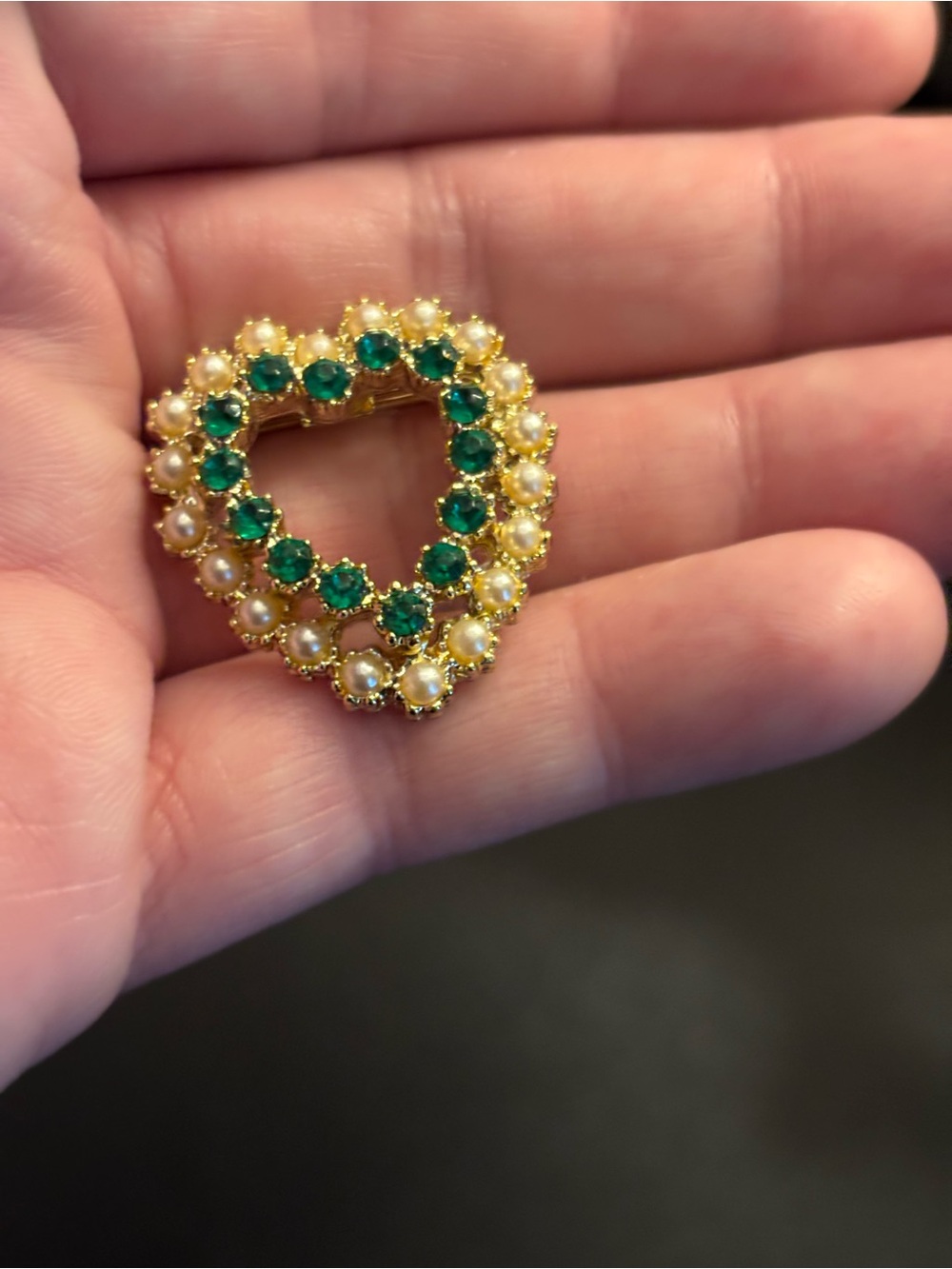 Vintage Gold Heart Brooch with Green Stones and Pearls